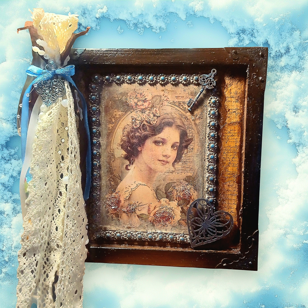 Vintage Decorative Framed Art with Lace and Beads